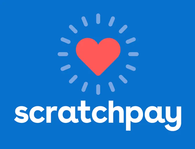 ScratchPay logo against blue background